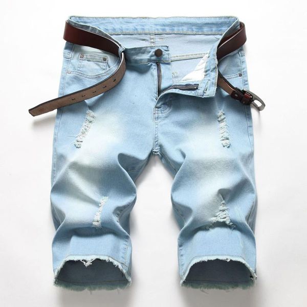 

casual summer man light blue cotton denim shorts fashion male stretch ripped frayed knee length jean pants boys vintage trousers