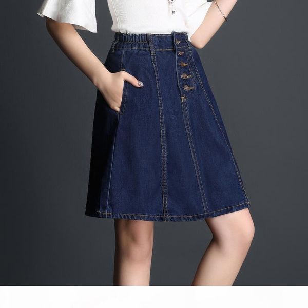 

2018 spring summer elastic waist denim skirt women single breasted thin ladies casual skirts plus size high waist jeans skirt, Black