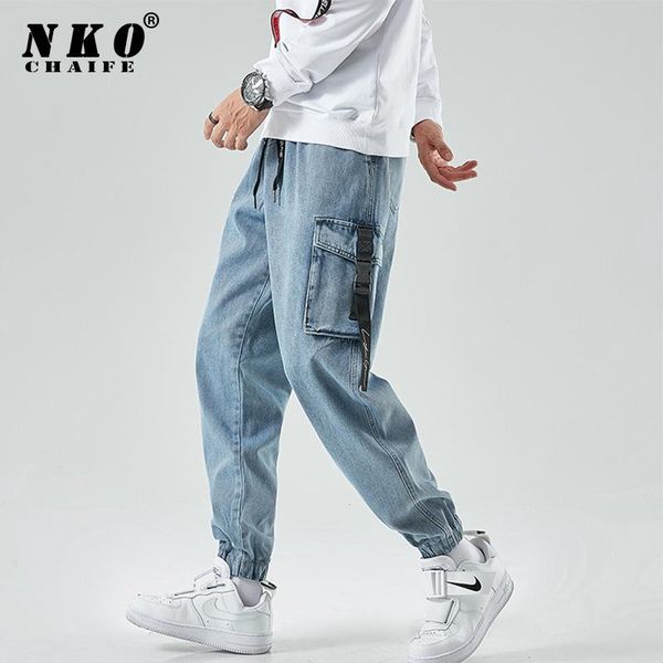

chaifenko men's -8xl cargo jeans pants men 2021 new fashion casual harem joggers trousers men multiple pockets denim jeans, Blue