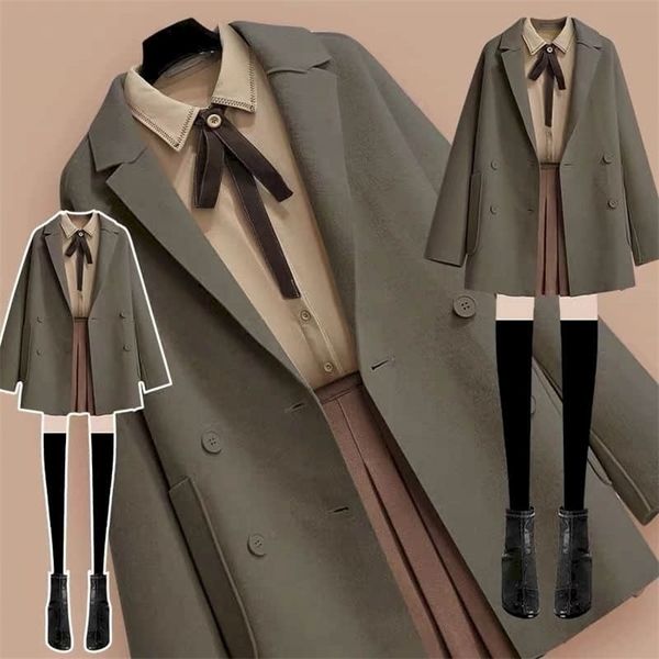 

woolen coat three-piece jacket blouse short skirt plus size women streetwear autumn winter suit female age reduction double-side 220302, White