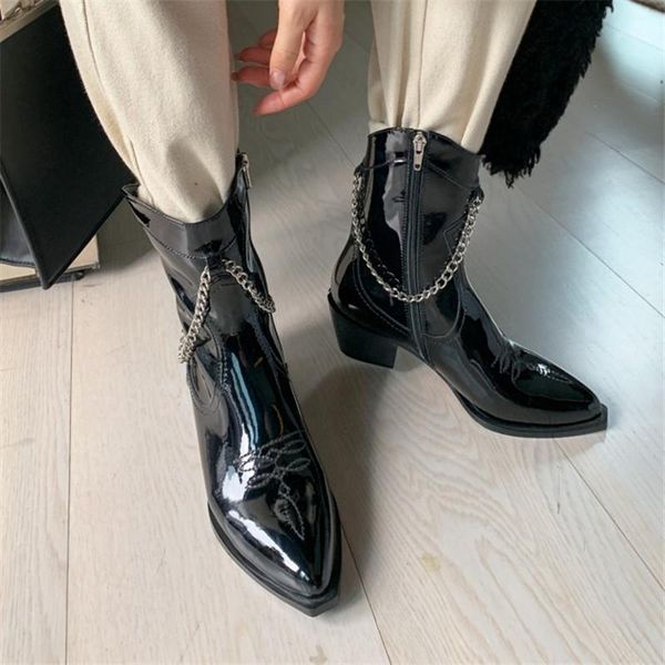 

boots pxelena celebrity street motorcycle chain women genuine patent leather med heels biker punk gothic hip hop ankle 411, Black