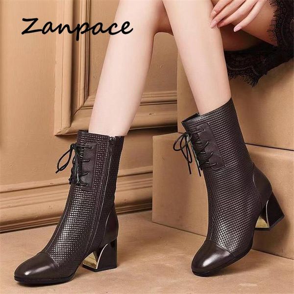 

boots fashion thicked women's 2021 winter plus velvet shoes woman warm leather square head ankle for women, Black