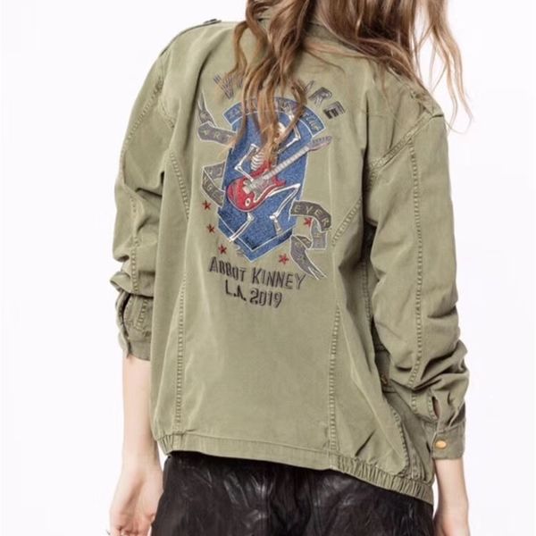 

kid skull playing guitar back embroidered cotton mili parka jacket front pockets button up long sleeves fashion jackets woman y200101, Black;brown