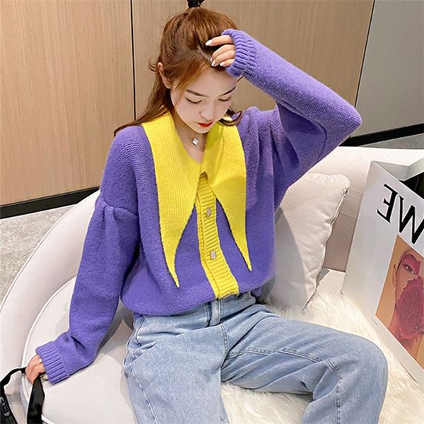 

2021 new korean style female design jacket autumn winter blend lapel colors knitted versatile temperament cardigan fashion yb2g, White;black