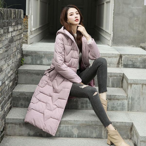

women's down & parkas x-long women's winter jacket slim with sashes solid casual woman plus size cotton padded hooded thick female, Black