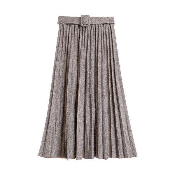 

women fashion high waist pleated solid color mid-calf length skirt all-match glitter clothing lady casual stretchy skirts, Black