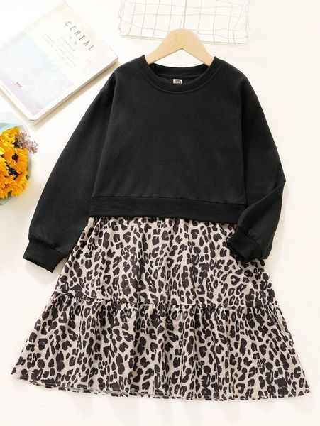 

girls contrast leopard ruffle hem 2 in 1 dress she, Red;yellow