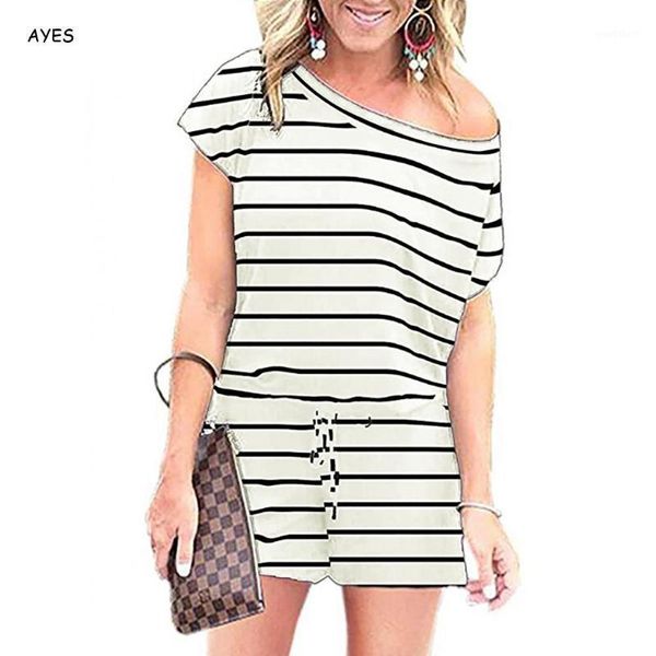 

off shoulder striped playsuits women 2020 summer casual short jumpsuits short sleeve stripes rompers tunic drawstring playsuit1, Black;white