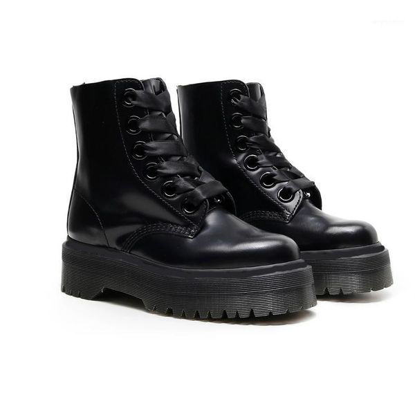 

new platform women motorcycle boots 6 holes genuine leather lace-up round toe black designer short booties size 35-411
