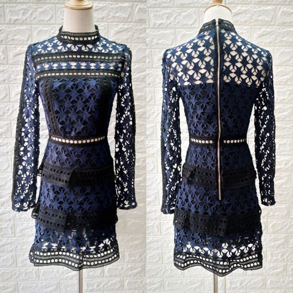 

2021 new runway desigher self-portrait spring cascade layered thin lace hollow out dressed in long sleeve cake gw4a, Black;gray