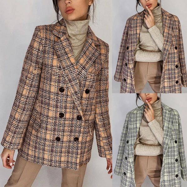 

women's fashion double-breasted business wear plaid suit collar plaid blazer, White;black