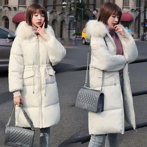 

solid fur hooded long down coats women winter thick long sleeve lace up warm cotton coats female casual windproof wild down coat1, Black