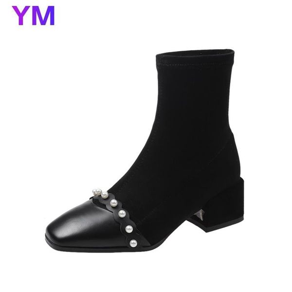 

boots 2021 fashion flock stretch socks beads ankle square toe winter for women 5cm heel shoes zapatos para mujer, Black