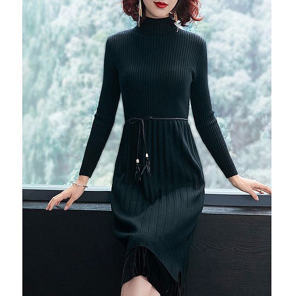 

2021 new female winter dress new fall skinny korean fashion with long sleeve pullover belt at knee height dressed in women's nightgown, Black;gray