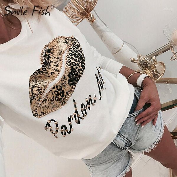 

beading black pullovers white tee shirt women lip letter printed casual t-shirts o-neck long sleeve harajuku jumper g11071