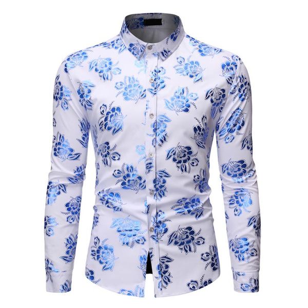 

2020 men spring casual printed shirt men long sleeve blouse male casual homme male hip hop dress shirts, White;black