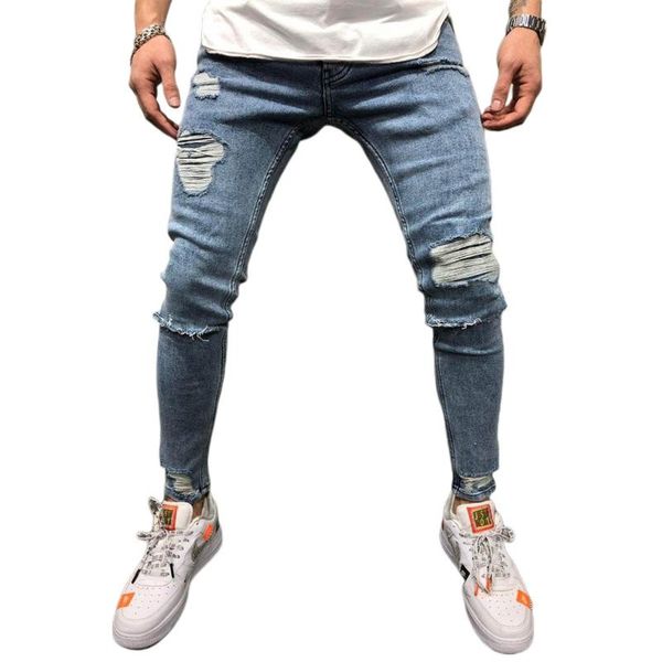 

men elastic ripped jeans middle waist skinny trousers with pockets casual style bottoms male 2021 clothes, Blue