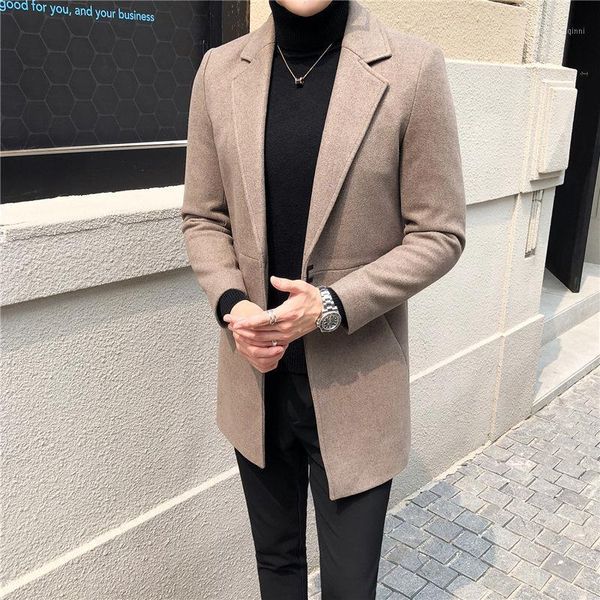 

men's woolen coat 2020 new spring youth medium long solid color coat korean men's woolen windbreaker1, Black
