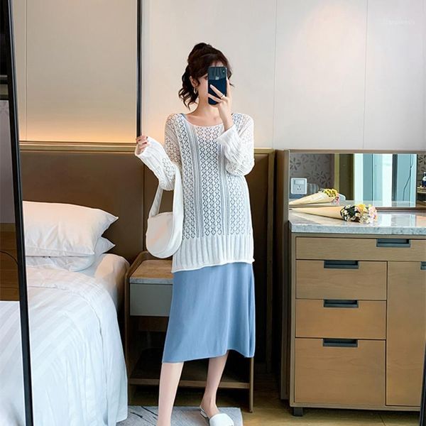 

7910# 2020 autumn korean fashion maternity long dress knitted shirts + sling dress sets clothes for pregnant women pregnancy1, White