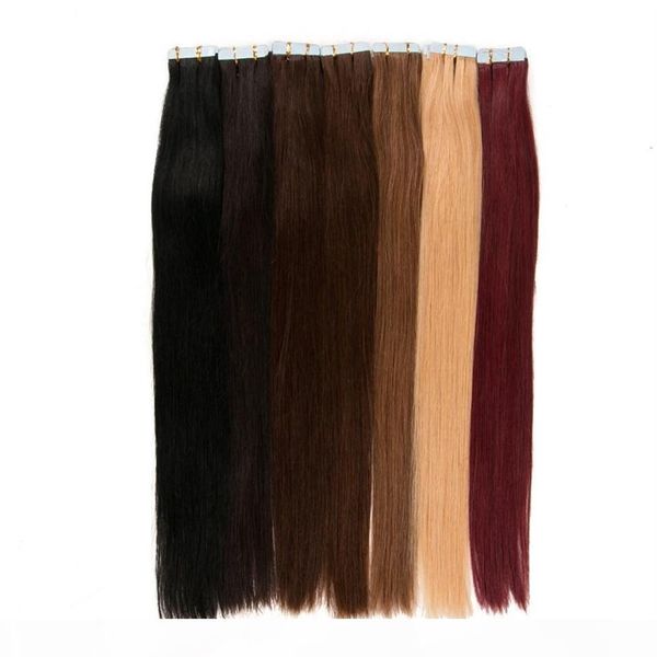 

double drawn dark brown #2 tape in human hair extension skin weft brazilian silk straight hair 40 pcs set 100% human hair, Black