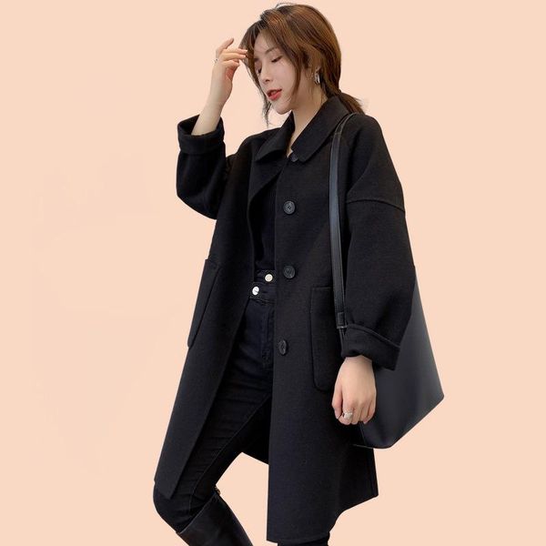 

women's wool & blends 2021 winter coat double-sided solid color atmosphere loose mid-length pleated cashmere woolen y010, Black