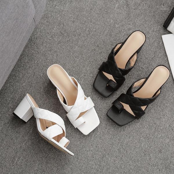 

female shoes slippers women summer heeled mules square heel slides med fashion 2020 high block luxury soft fabric pu rubber1, Black