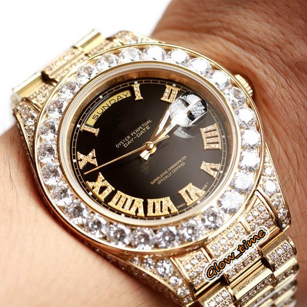 

version big diamond inlay case m118388 218399 automatic mens watch rome digital black dial full iced out gold diamond case iced watches, Slivery;brown