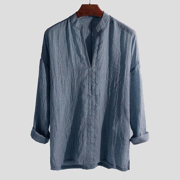

men shirt streetwear men's cotton men's causal shirt breathable long sleeve loose solid color v-neck blouse lose weight, White;black