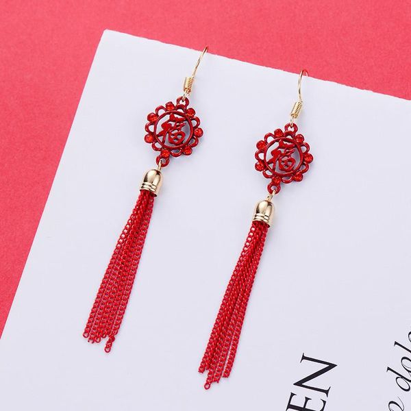 

dangle & chandelier chinese style lucky word tassel earrings, Silver