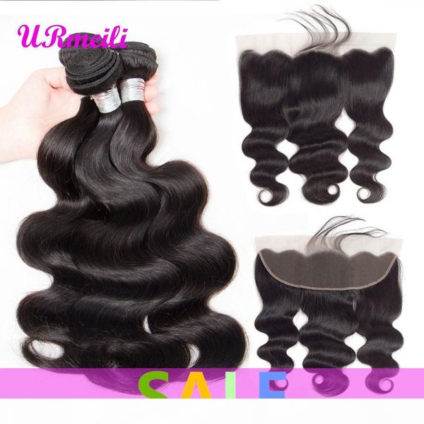 

индийский волос девственницы body wave 3 4 пачки с фронтальным 10а сырыми виргинским индийским волосом от уха до уха кружева фронтальной зак, Black;brown