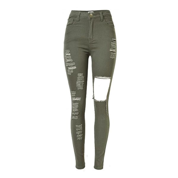 

women's jeans army green cool women high waist ripped hole casual elastic skinny denim pants female, Blue