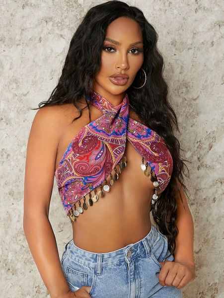 

fringe hem floral halter 33ah#, White