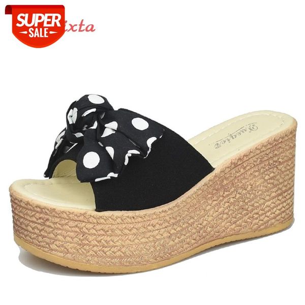 

aphixta snowflake bow 9cm wedge slippers platform appliques flower bunny girls beach antiskid female sandals shoes slides women #wq11, Black