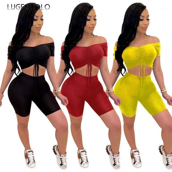

lugentolo summer women 2 piece sets pit stripe off-shoulder casual solid nightclub tassel shorts female two-piece sets1, White