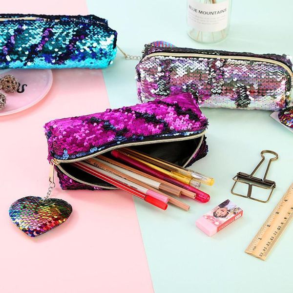 

adeeing women sequin pencil case bag makeup brush pouch comestic bag with love shape pendant d181