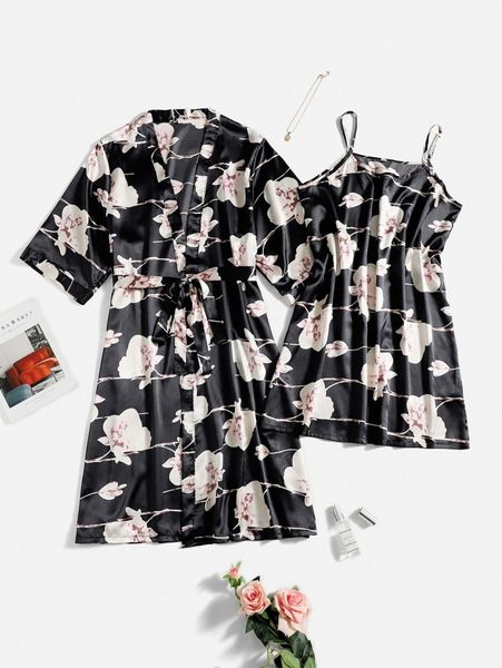 

plus floral print belted satin robe & cami dress pj set 77to#, Black;white