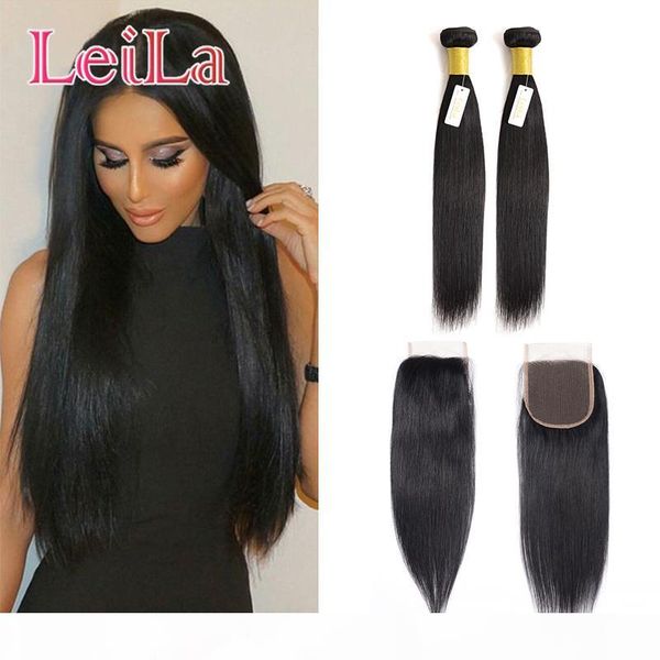 

peruvian virgin hair silky straight hair 2 bundles with 4 x 4 lace closure middle three part 100% unprocessed human hair, Black;brown