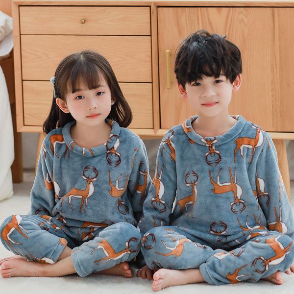 

children winter pajamas sets cartoon style kids warm sleepwear baby girls boys nightwear children pajamas sets for girls 3-12 y 201225, Blue;red