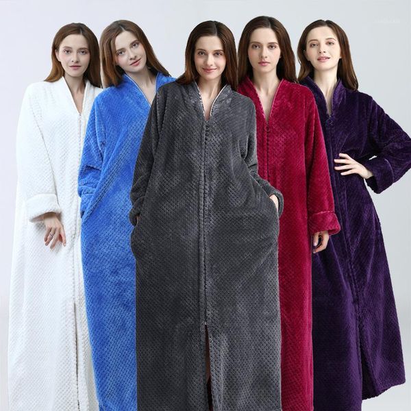 

women long zipper robes winter full sleeve noble bathrobe soft warm v neck sleepwear dressing gown with pockets szaty vestaglie1, Black;red