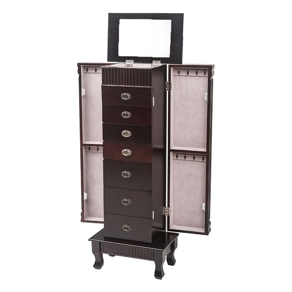 

new wooden floor-standing jewelry mirror cabinet 8 layers 7 drawers with double door jewelry cabinet storage cabinet dark brown