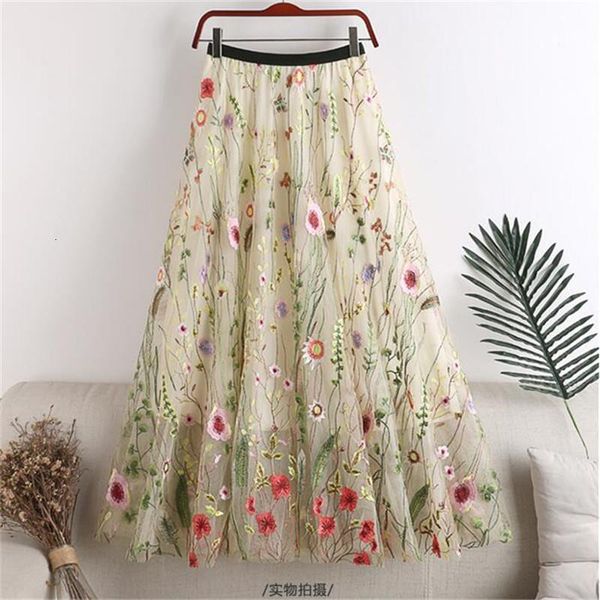 

summer elastic waist flower embroidery gauze skirt boho elegant apricot floral embroidered skirts drop shipping, Black
