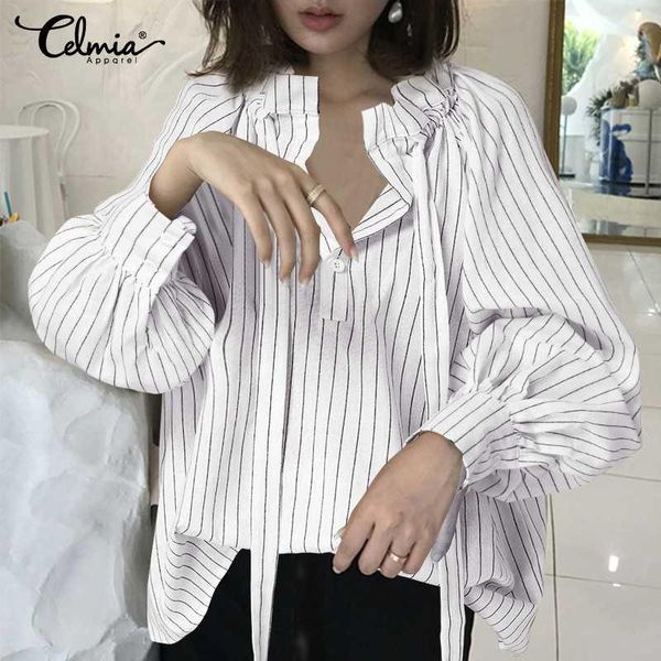 

women striped shirts celmia office work blouse ladies casual lantern sleeve tunic bow tie plus size buttons blusas 5xl, White