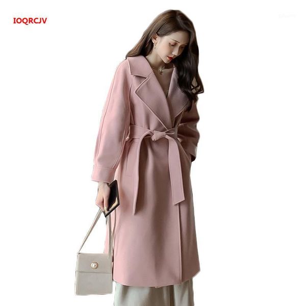 

women elegant winter wool coat jacket mid-long bandage woolen coat cardigan loose plus size slim female overcoat outwear w14841, Black