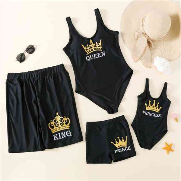 

family matching swimwear one piece mother daughter women kid son girl queen swimsuit bathing suit maillot de bain feminino, White;black