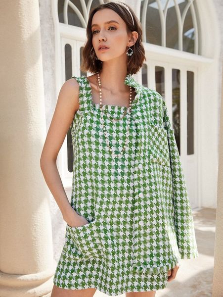 

houndstooth pattern fringe detail tweed tank dress she, Black;gray