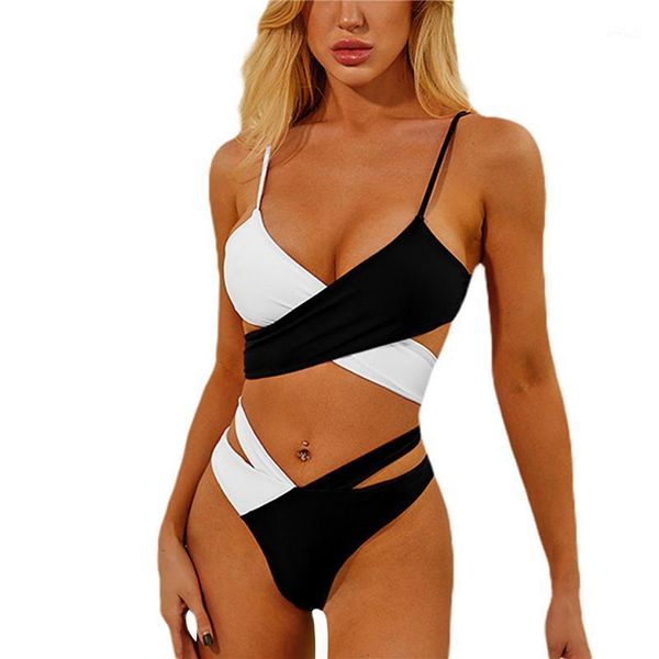

women split style patchwork bikini suit color block bathing suits spaghetti strap cross tie up bra + hollow out thong1, White;black