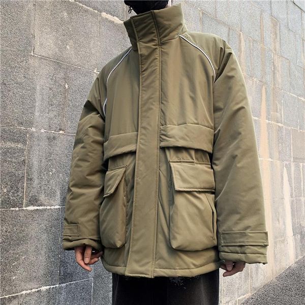 

winter thick jacket men's warm fashion parka men solid color casual large pocket stand collar coat man cotton tooling jacket1, Black