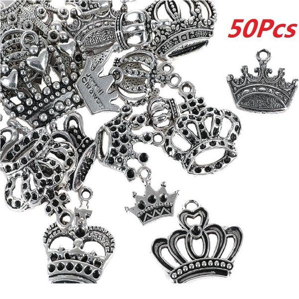 

50pcs tibetan silver mixed styles princess crown beads charms pendants diy jewelry for necklace bracelet making acc qylyts