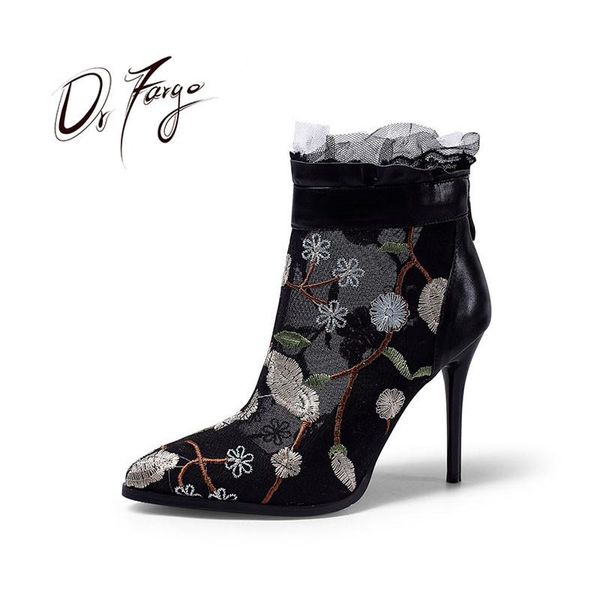 

boots drfargo flower embroider genuine leather summer ankle air mesh breathable pointed toe shoes women zipper size 34-42, Black