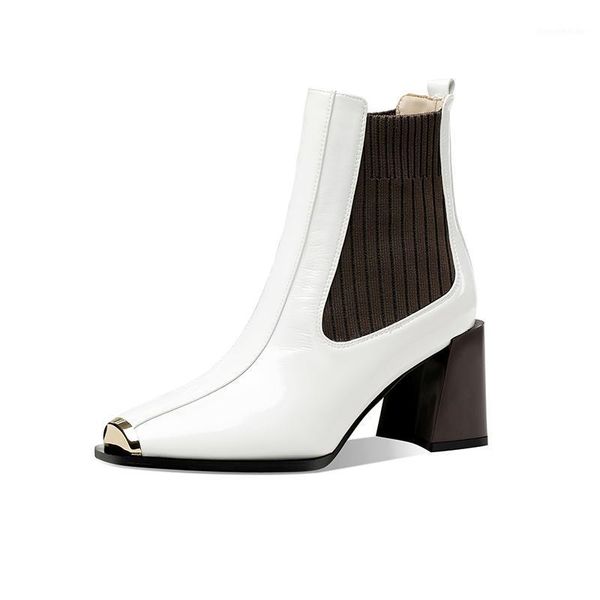 

boots genuine leather women block high heel ankle classic design metal toe shoes for working office woman1, Black